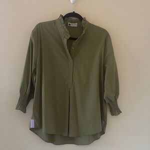 Caryn Lawn Womens Kimberly Olive Green Smocked Sleeve Popover Shirt One Size